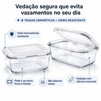 Kit 5 Potes Herméticos Vidro Transparente Retangular 1040ml Marmita Micro-ondas Cozinha