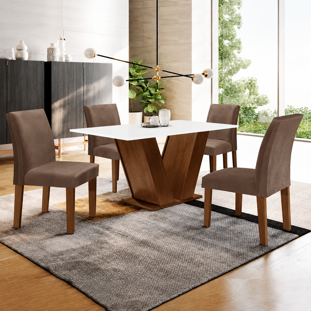 Conjunto Sala de Jantar Mesa Tampo MDF 4 Cadeiras Cor Chocolate/Bege/Branco