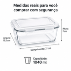 Kit 5 Potes Herméticos Vidro Transparente Retangular 1040ml Marmita Micro-ondas Cozinha