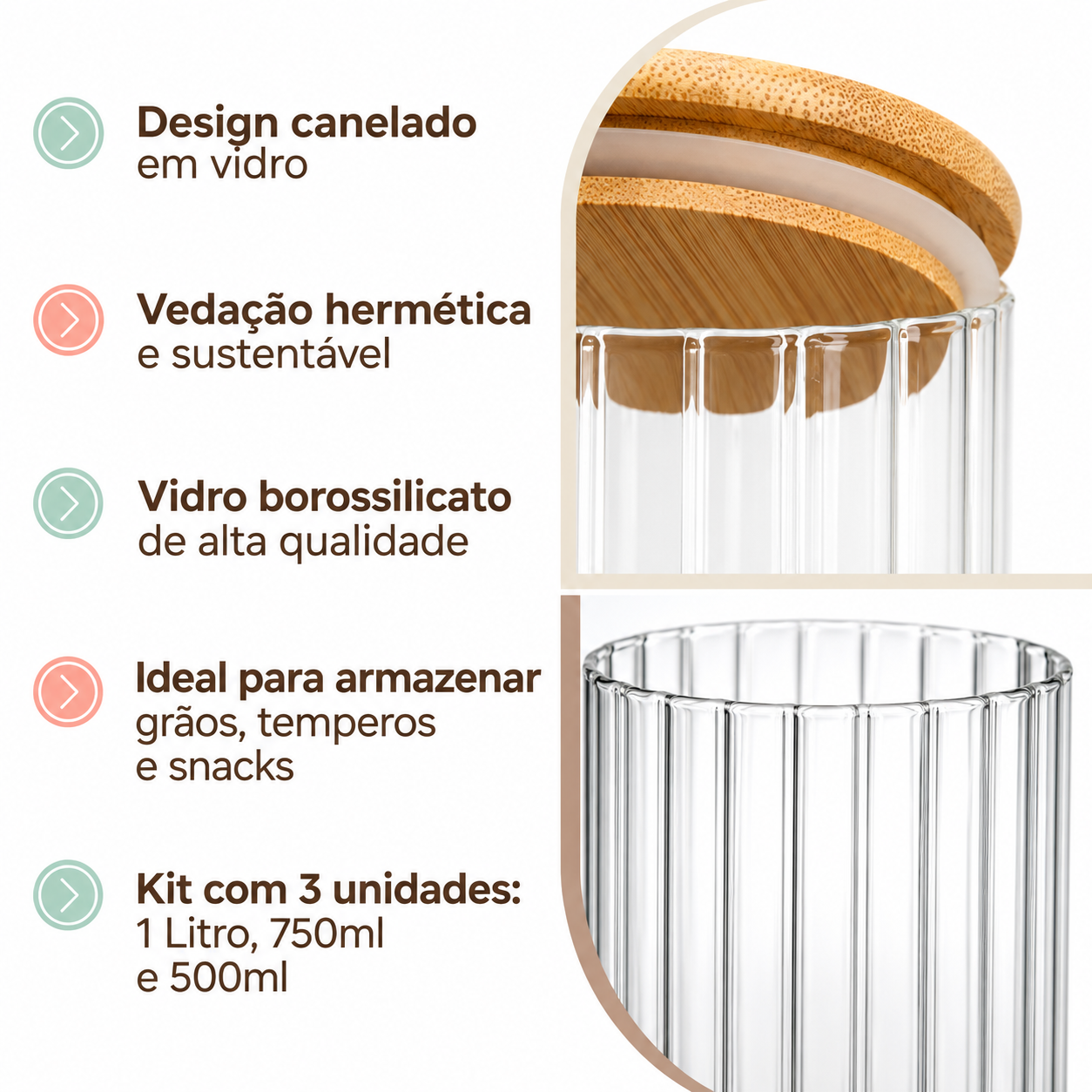Kit Pote Vidro Mantimento Hermético Canelado Tampa Bambu