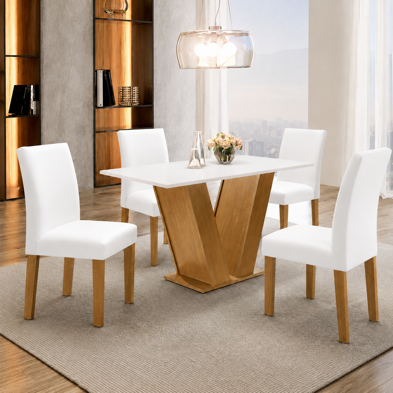 Conjunto Sala de Jantar Mesa Tampo MDF 4 Cadeiras Cor Chocolate/Bege/Branco