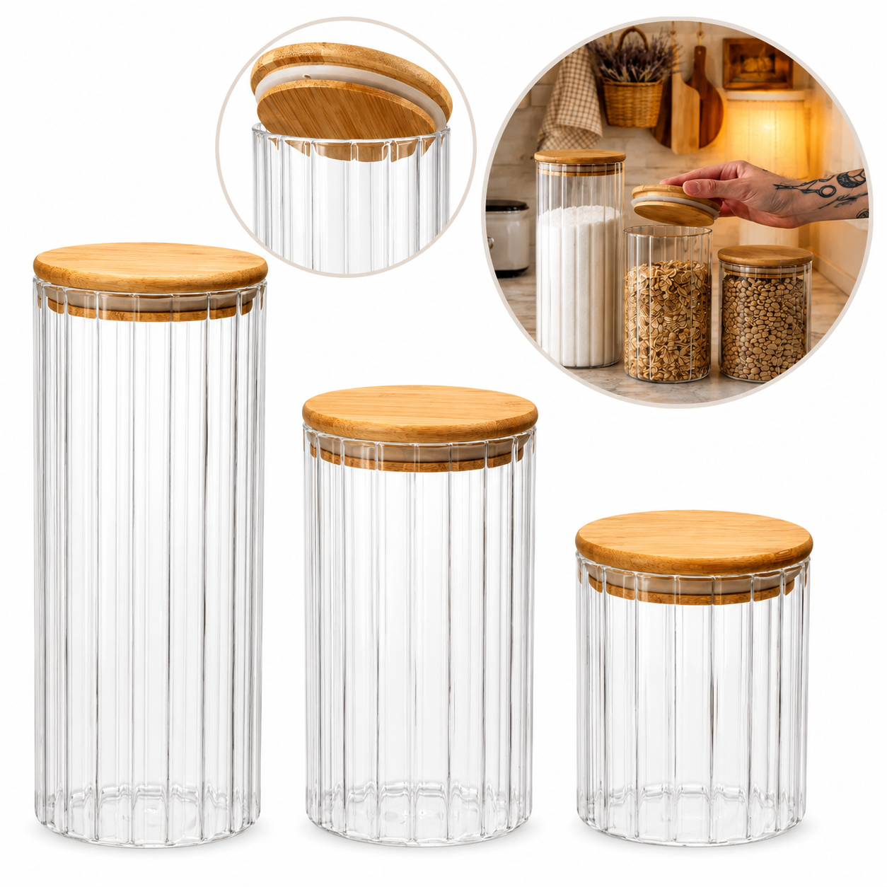 Kit Pote Vidro Mantimento Hermético Canelado Tampa Bambu