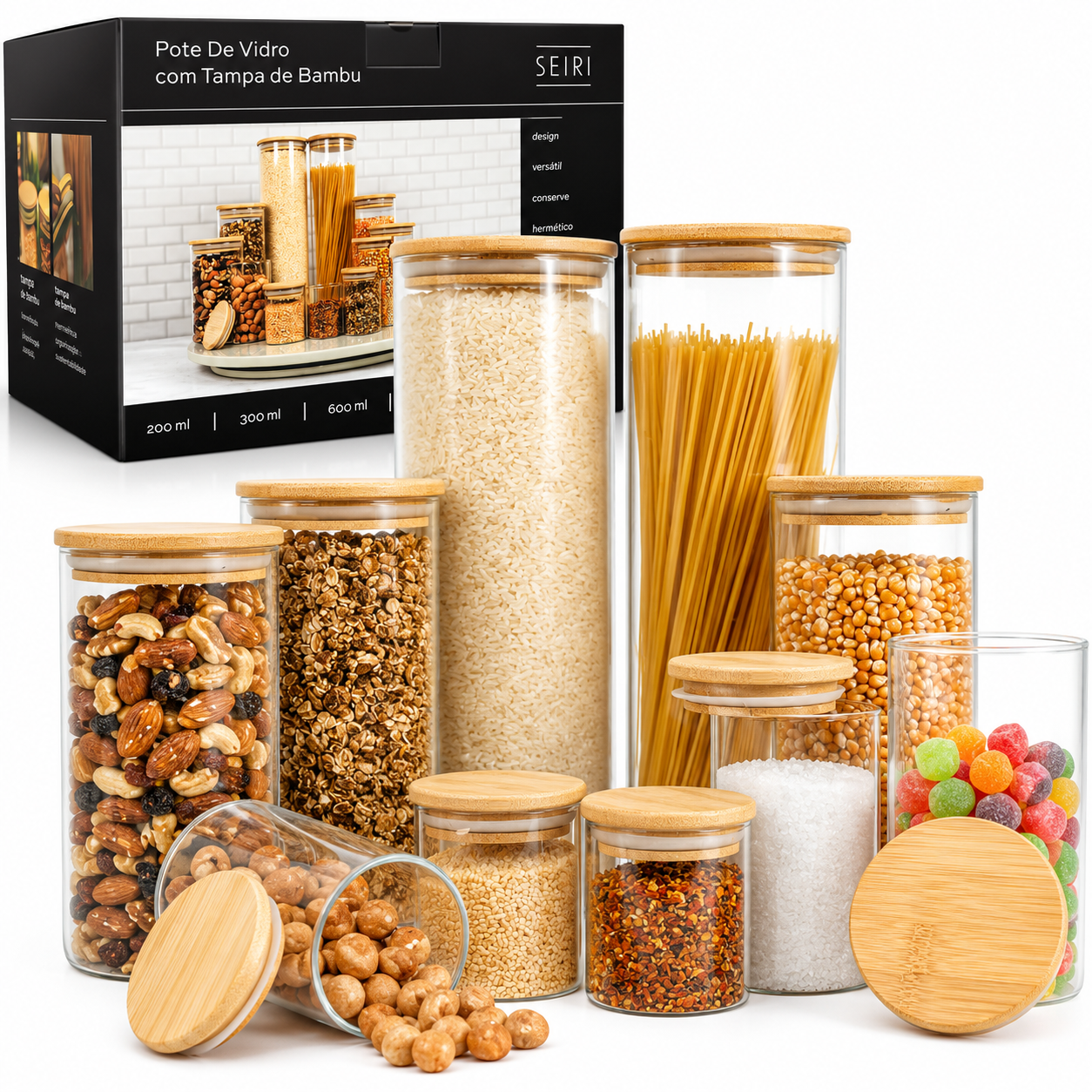 Kit 10 Potes Herméticos Vidro Tampa Bambu Seiri